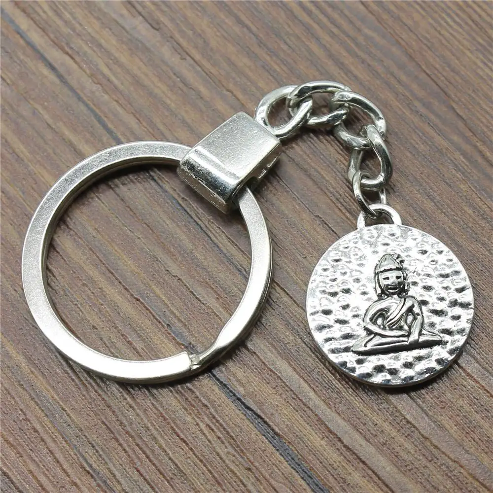 

New Fashion Keychain Antique Silver Color 22x20mm Round Double-Sided Sitting Buddha Pendant Key Chain Ring Holder