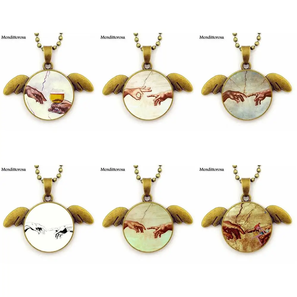 

The Creation of Adam Glass Crystal Necklace Round Bronze Angel Wings Pendant Necklaces Charm Jewelry For Women Men Party