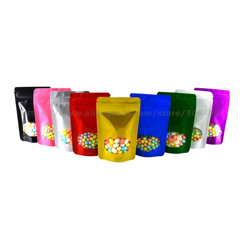 

100 Pcs Colored Aluminum Foil Stand Up Zip Lock Pouches with Clear Window For Snack Storage Resealable Bag Free Shipping