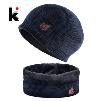 2018 Men Winter Hat Scarf Sets Fashion Maple Leaf Knitted Skullies Beanies Man Thick Add Velvet Knit Bonnet Cap Boys Scarves Set