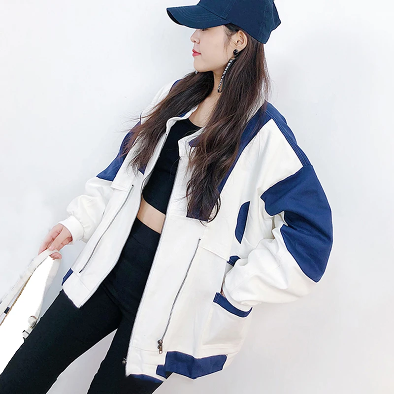 

Long Sleeve Loose Spring women bomber jackets Patchwork Vintage Hip Hop Coat Autumn Windbreaker Jacket BF Harajuku Coat Women