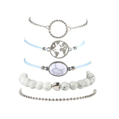 

5 Pcs/set Bohemian White Beads Bracelets Sets For Women Fashion Rope Chain Ocean Map Round Bracelets Bangles Beach Jewelry Gifts