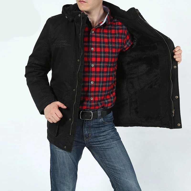

Winter Parka Men army jacket Casual Mid-long Multi-pockets jackets men Winter Coat Male Hooded Collar Thick Warm Windbreaker hot