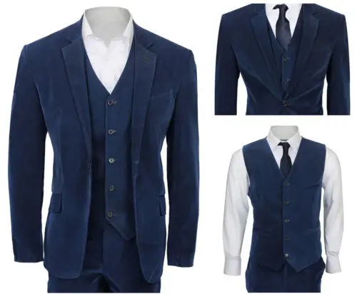 

Custom 3pcs Blue Corduroy Men's Suit Smart Vintage Casual Fitted Blazer Coats