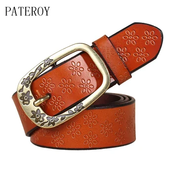 

PATEROY Leather Female Belt Cinturon Mujer Designer Belts for Women Jeans Flower Ceinture Femme Cintos Feminino Woman Red Luxury