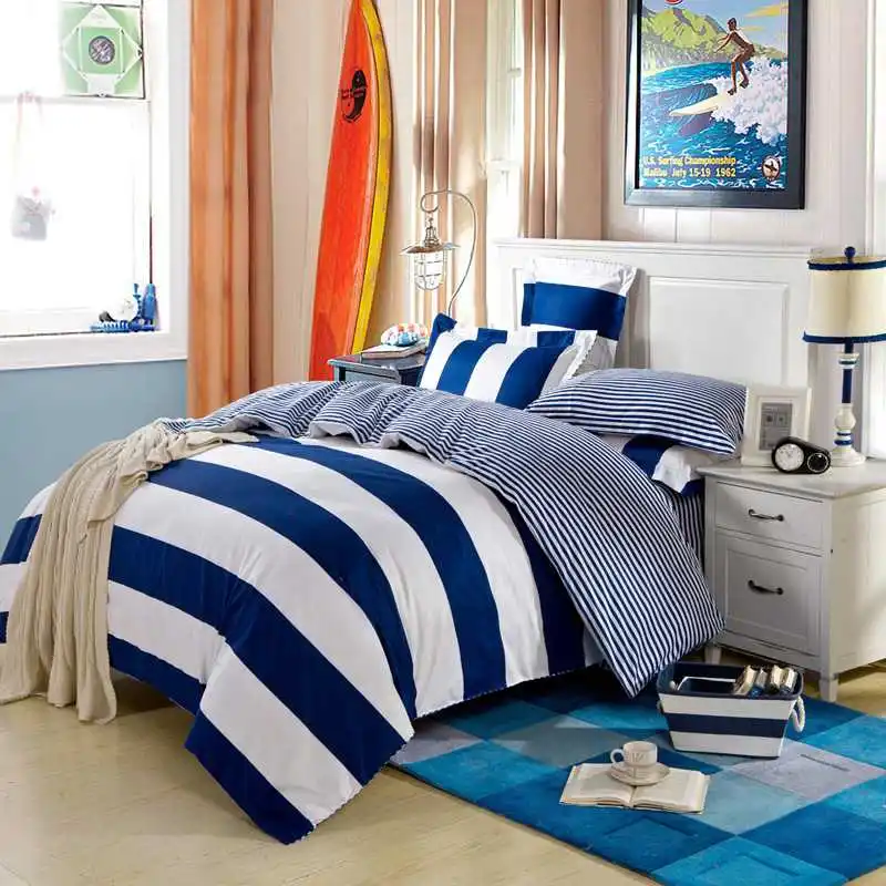 100% cotton fabric blue white bedding sets queen king size 4/5pc stripes quilt comforter duvet cover home textile decor linen