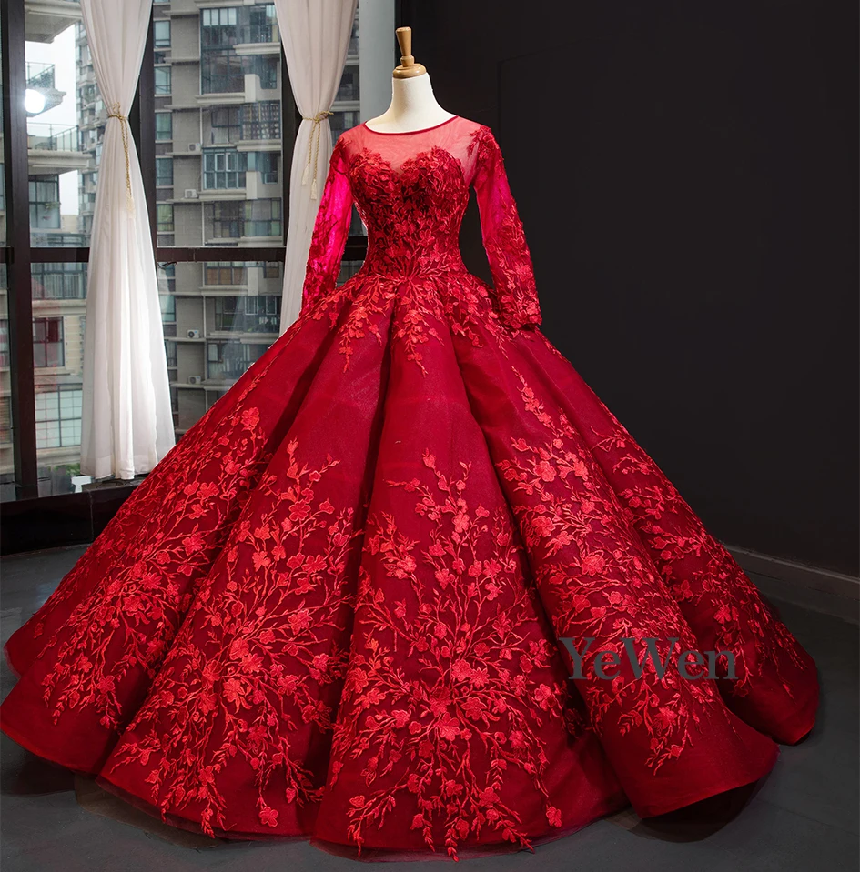 YeWen красное винтажное сексуальное вечернее платье с длинными рукавами Модное бальное платье на шнуровке Свадебные платья для невесты из Саудовской Аравии настоящая фотография