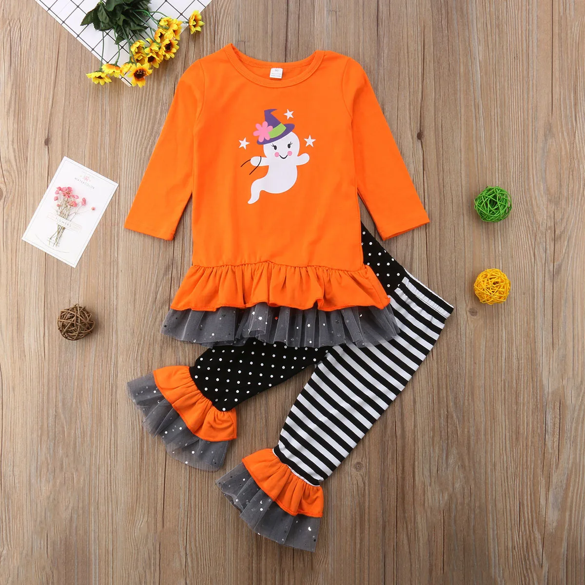 

Halloween Toddler Girl Ruffle Ghost Tops Blouse Polka Dot Striped Pactchwork Pants 2PCS Outfits Clothes Set 1-6Y