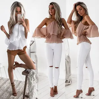 

Womens Off Shoulder Loose Beach Ladies Casual Shirt Tops Summer Solid Pink White Blouse Tops