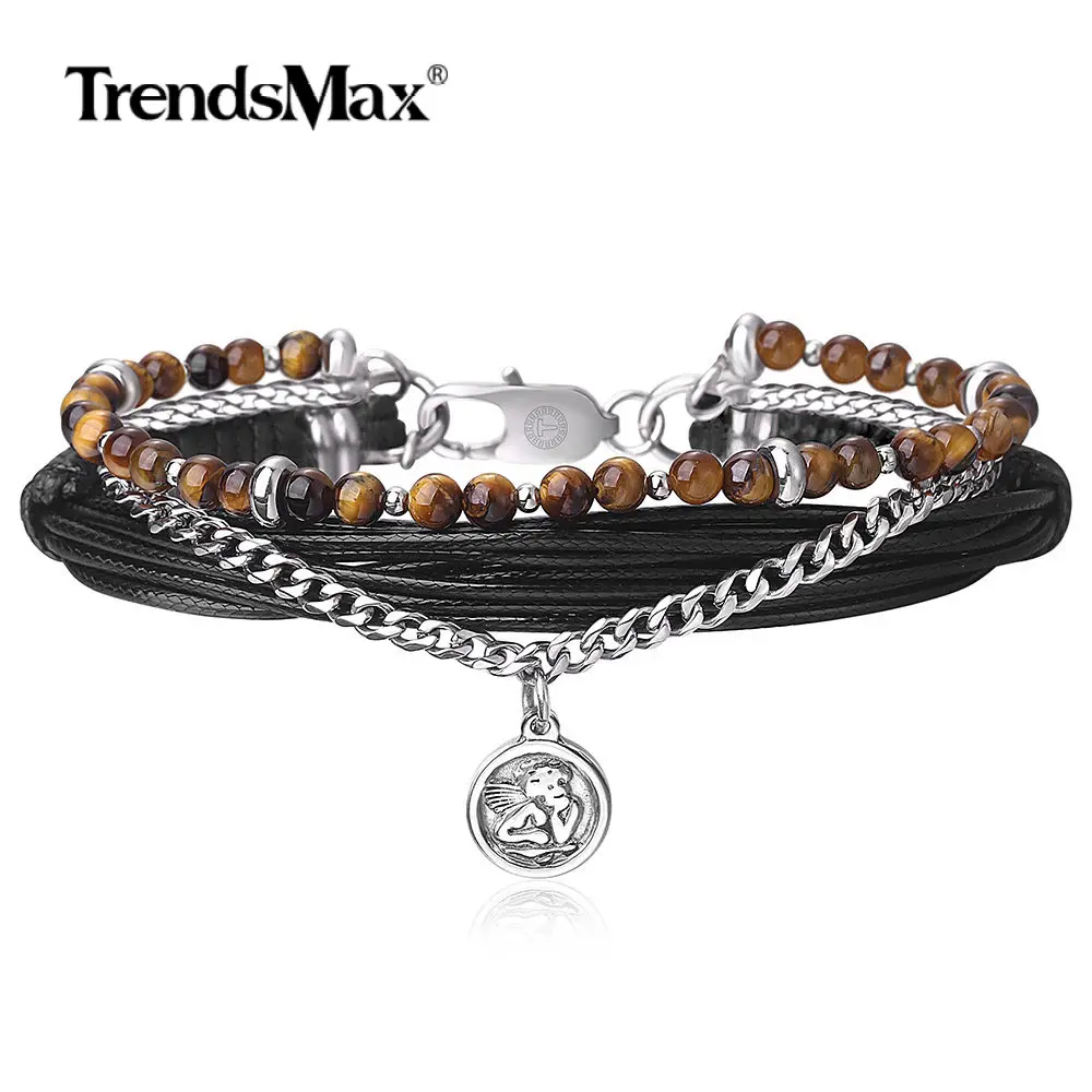 

Natural Stone Leather Bracelets for Mens Womens Stainless Steel Cuban Chain Coin Pendant Wristband Tiger Eye Gemstone TBL00201