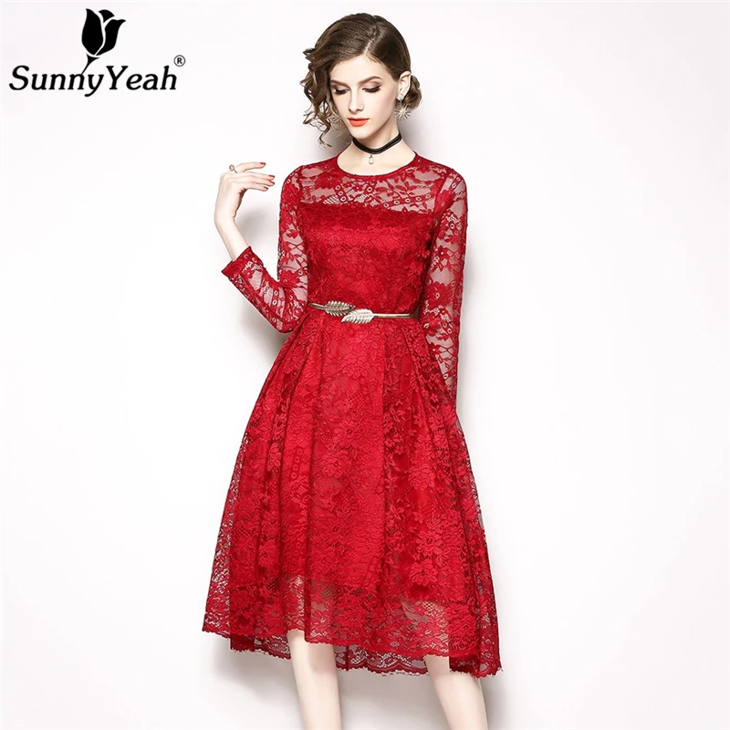 SunnyYeah Красный элегантное кружевное платье Для женщин с длинным рукавом o-образным