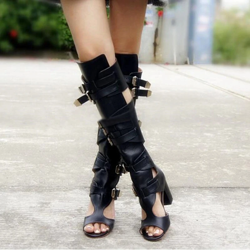 

2019 Spring Summer Women Knee High Sandals Motorcycle Boots Buckle Rome Women Shoes Free Shipping Cutouts Sandals Boots