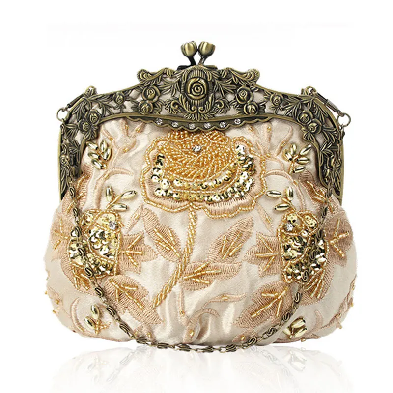 Women's Antique Beaded Party Clutch Vintage Rose Purse Evening Handbag (20)