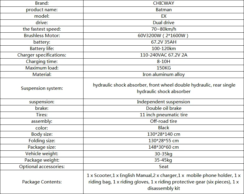 CHICWAY Бэтмен электрический скутер 11 дюймов независимый гидравлический амортизатор двойной привод масляный тормоз 3200 Вт 35AH скорость 80 км/ч