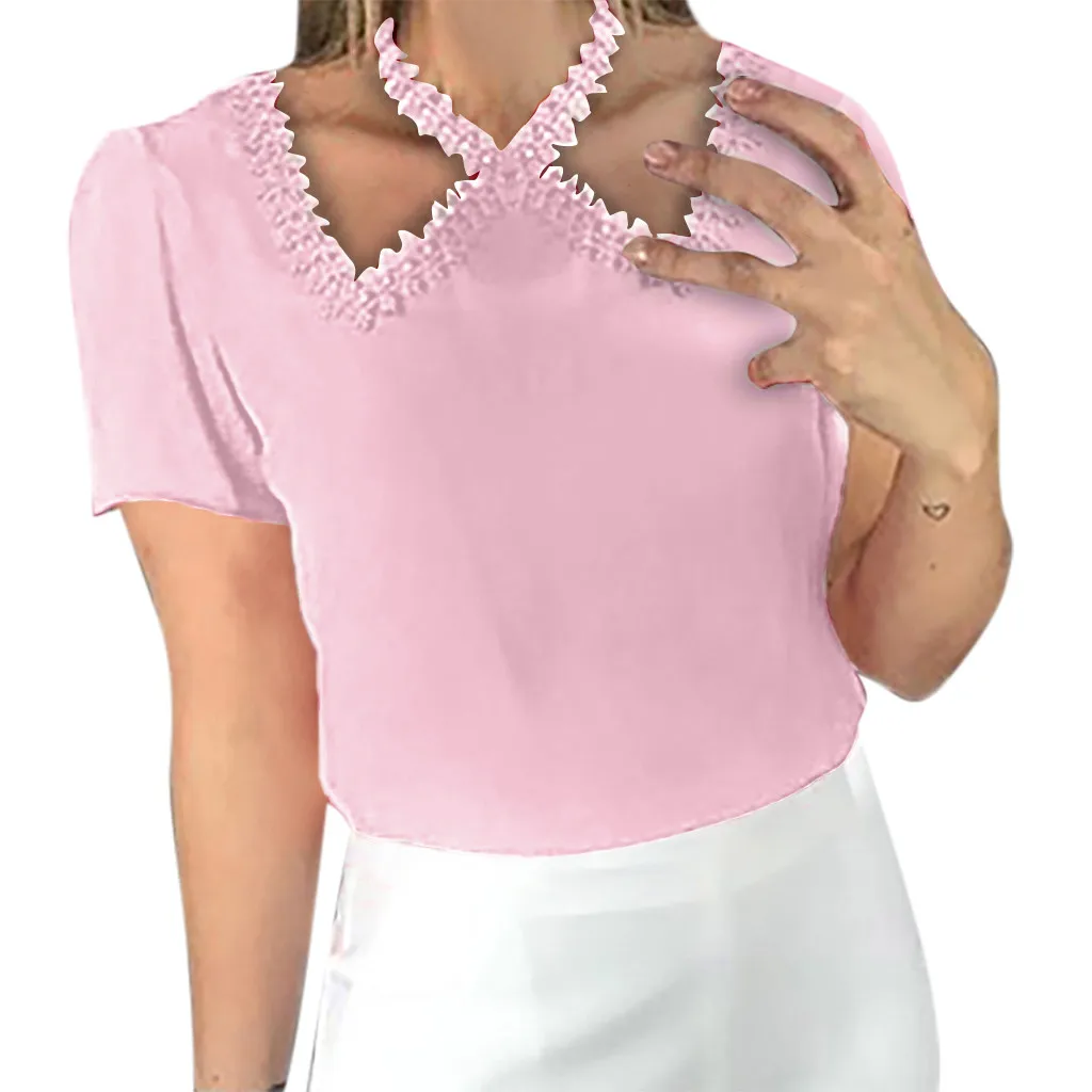 Pink Летние модные повседневные однотонные топы, шифоновая кружевная блузка, свободная футболка, женская рубашка с коротким рукавом, Blusas Femininas, одежда - Цвет: Pink
