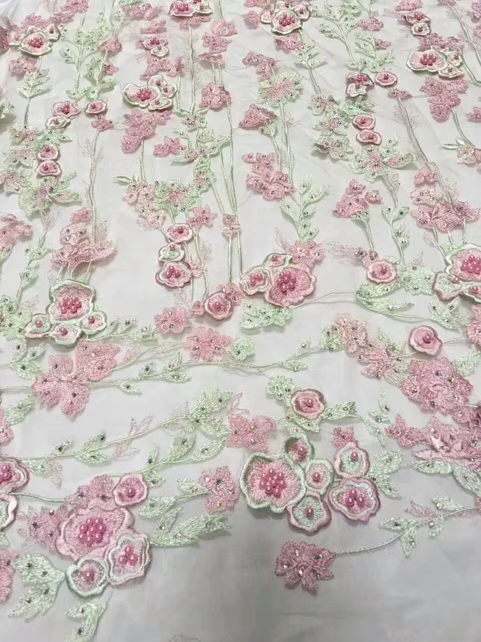 

3d Feather handmade diamonds cotton Lace African french lace cord lace borders tulle fabric with 3D Appliques stones 5 yard