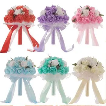 

Wedding artificial flower bouquet Crystal Roses Pearl Bridesmaid Wedding Bouquet Bridal Artificial Silk Flowers 2O0420