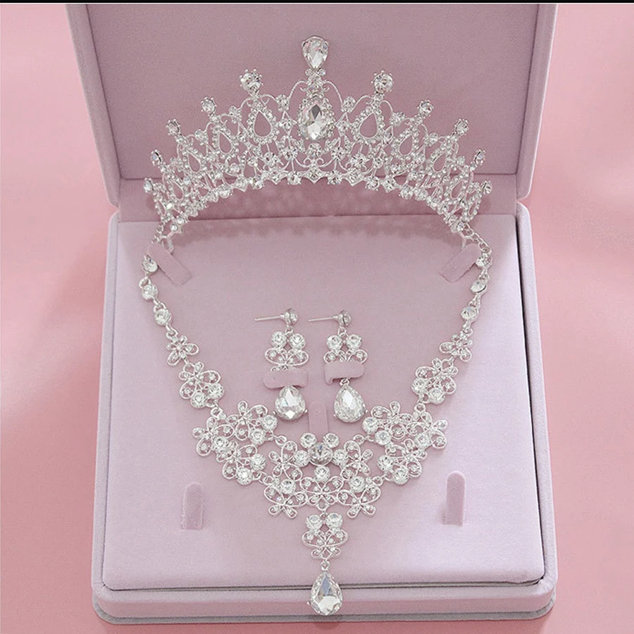 

Bridals Hair Accessories Necklace Earrings Tiara Jewrelery Set Rhinestone Luxury Crystal Pearl Wedding Jewelry Set For Women