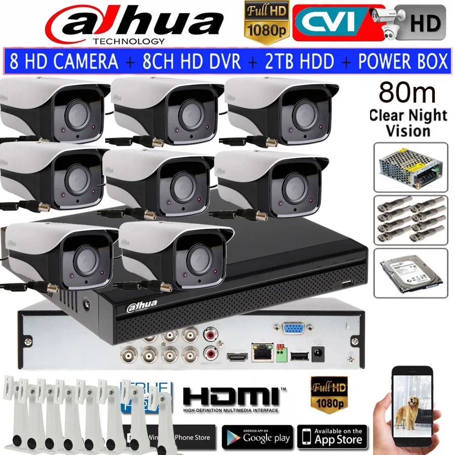 DAHUA 1080P IR80M CVI Security CCTV camera HAC-HFW2208M-I2 bullet HDCVI 8CH HCVR5108HS-S3 kit HDD with power box | Безопасность и