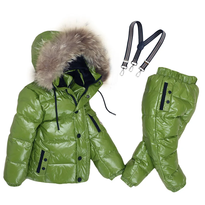 Очень теплые зимние костюмы для детей куртка-пуховик на утином пуху для мальчиков и девочек+ комбинезон комплект одежды из 2 предметов, теплая детская зимняя одежда Наивысшее качество - Цвет: shiny green