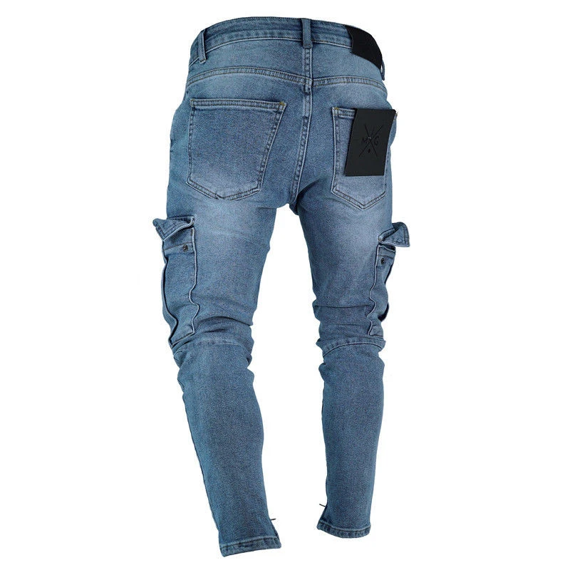 Mens Jeans Denim Pocket Pants Summer Autumn Thin Slim Regular Fit Straight Jeans Elasticity Stretchy Male zipper trousers