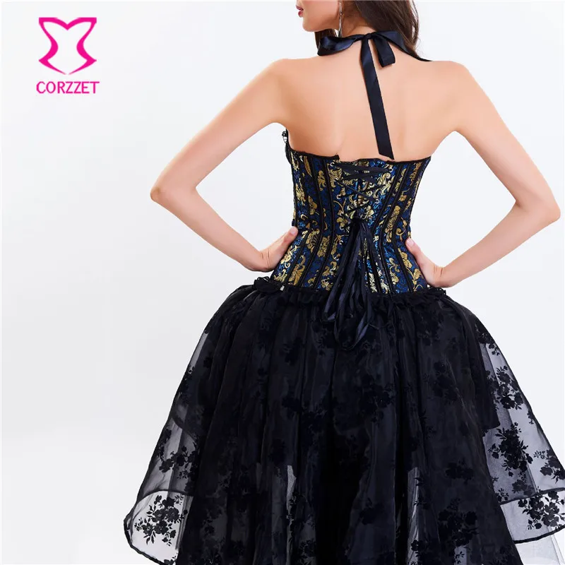 Blue Floral Brocade Halter Sexy Corset Dress Victorian Steampunk Dress Gothic Clothing Corsets And Bustiers Burlesque Outfit Blue Floral Brocade Halter Sexy Corset Dress Victorian Steampunk Dress Gothic Clothing Corsets And Bustiers Burlesque Outfit