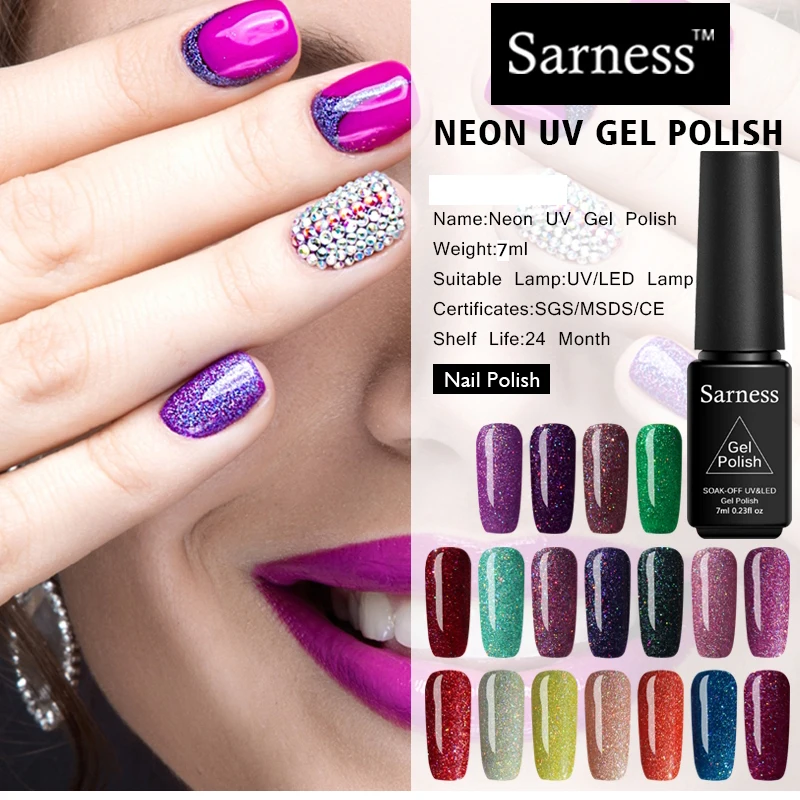 

Sarness Glitter Nail Art Neon UV Gel Nail Polish Long Lasting Gel Varnish Primer Soak Off Design of Nails All for Manicure 7ml