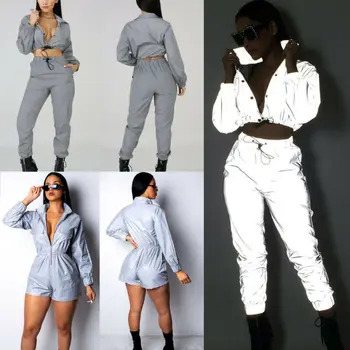 

Autumn Women Reflective Long Sleeve Outfits Crop Tops Pants Sets Two Piece Jumpsuit Playsuit S M L XL 2XL