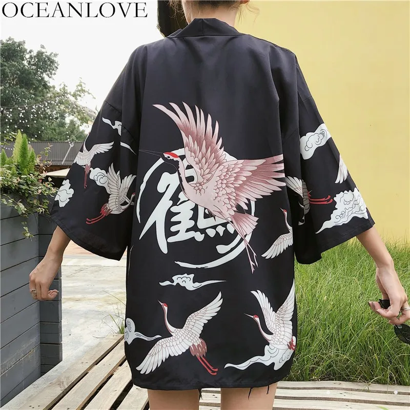 Женская и Мужская винтажная блузка OCEANLOVE Harajuku кимоно юката свободная тонкая