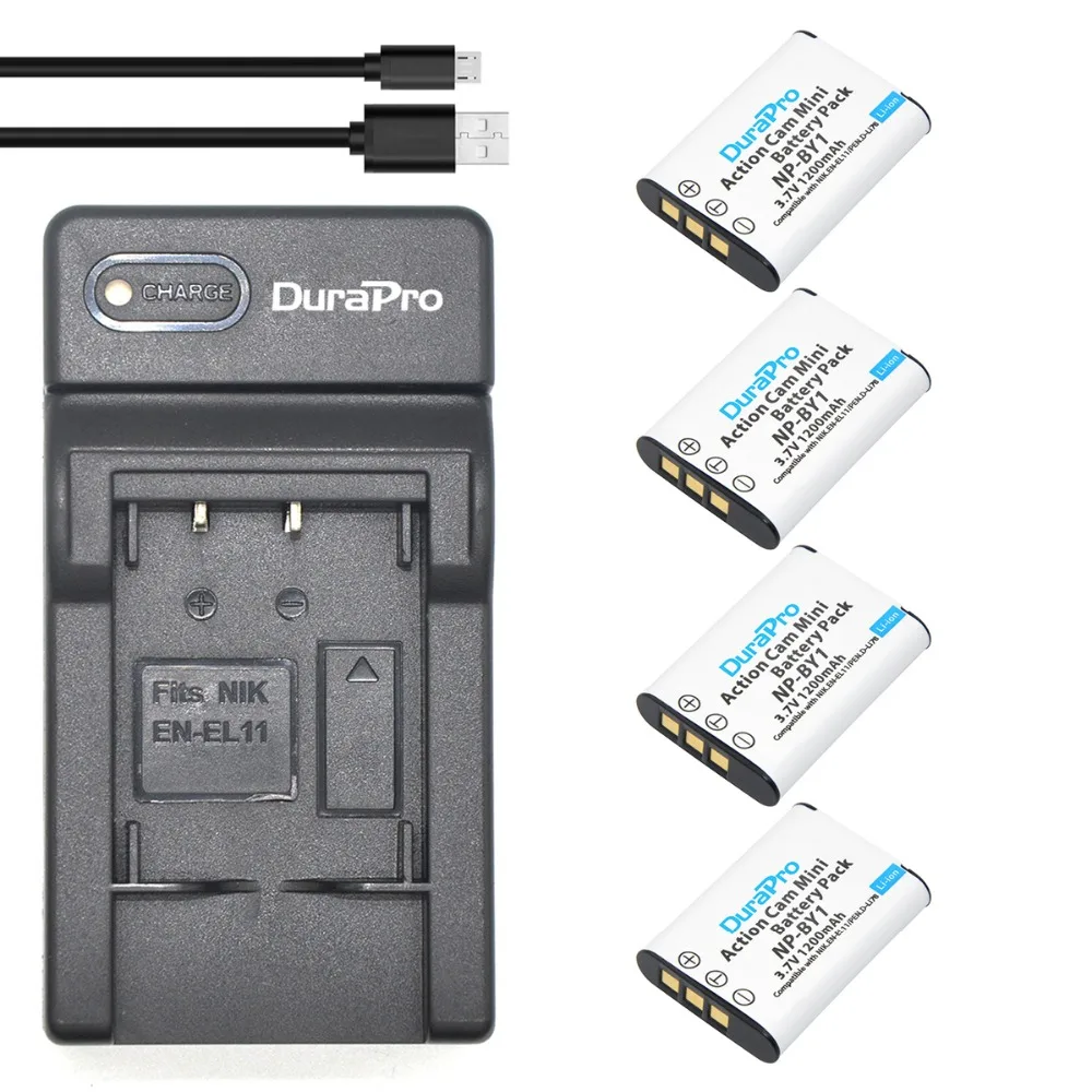 DuraPro 4Pcs NP BY1 Li ion Battery Pack + Ultra Slim USB Digital