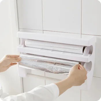 

Cling Film Cutter Plastic Food Wrap Dispenser Multifunction Kitchen Storage Rack Roll Holder Foil Towel Roll Paper Shelf - White