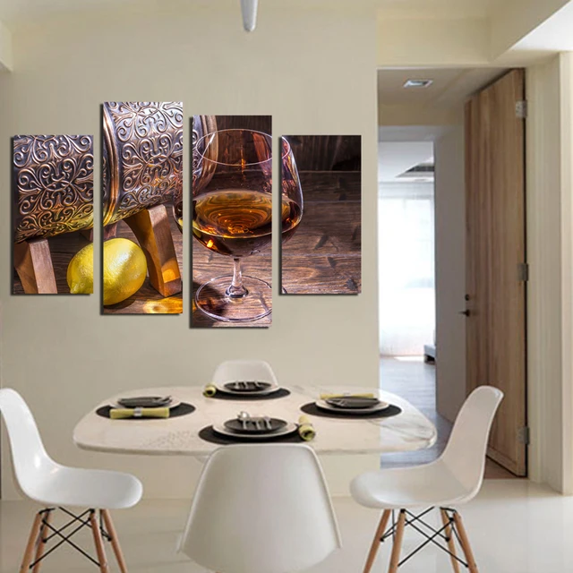 4 Panneau Toile Art Fruit Lemon Photo Verre De Vin Pour La Cuisine