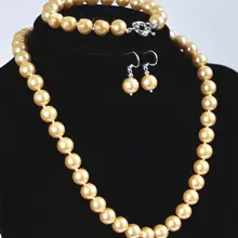 Настоящее 10 мм Золотой Южно-морской корпус жемчужное ожерелье браслет серьги набор класса ААА кварцевые хрустальные женские свадебные
