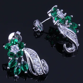 

Wonderful Flower Green Cubic Zirconia White CZ Silver Plated Stamped 925 Stud Earrings V0854