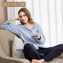 QIANXIU, женская пижама из берберского флиса, одноцветная Пижама с буквенным принтом, женский кардиган, контрастный цвет, v-образный вырез, Пижама для женщин