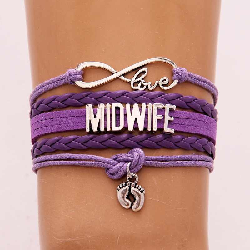 

Infinity love Midwife Bracelet & bangles Baby Feet Charm leather wrap rope jewelry for women drop shipping black purple pink