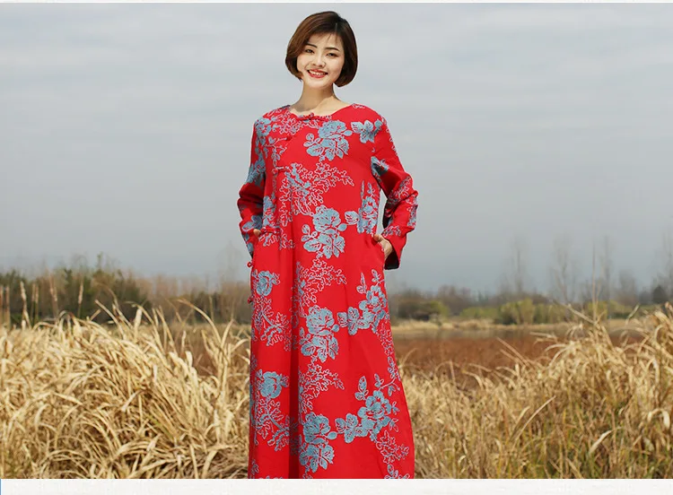 Новая женская одежда, восстанавливающая древние способы, вышивка из чистого хлопка, длинный круглый воротник, китайский халат с длинными рукавами