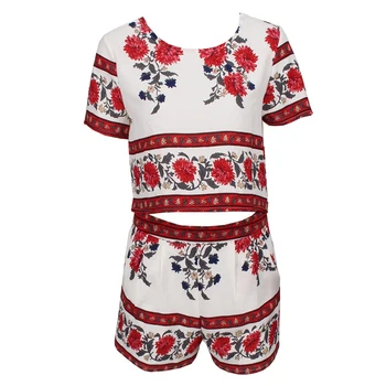 

Leisure Geometric Floral Pattern Red print shirt plus shorts Two-piecewhite