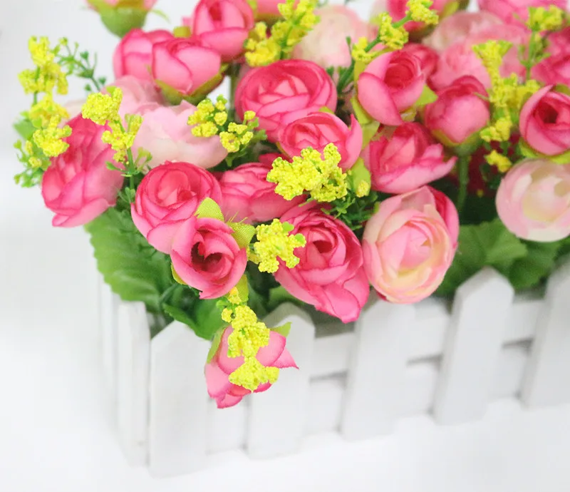  Flone Wedding Decor Artificial Tea Rose Simulation Artificial Flowers Small Potted Plant Fake Rose Set With White Picket Fence (11)