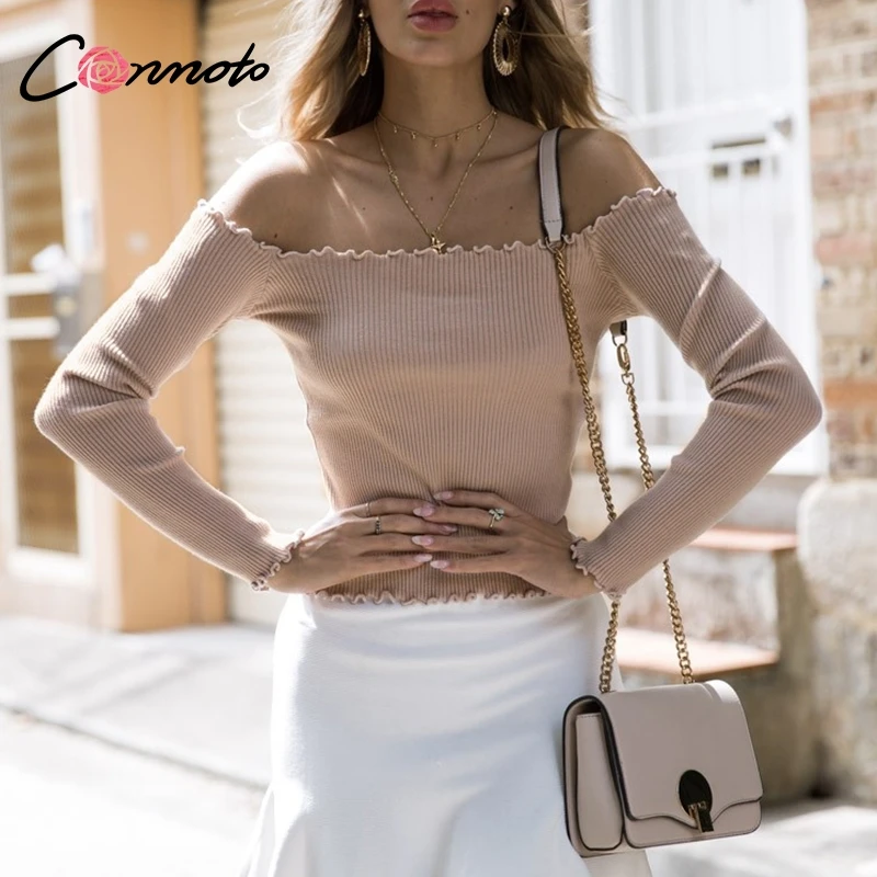 Conmoto قبالة الكتف الصلبة خمر الطائر النساء الشتاء 2018 قصيرة الأساسية سترة مثير كشكش سترة Kintwear عارضة أنيقة