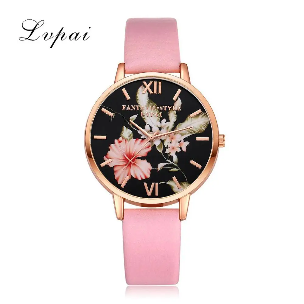 Lvpai Brand Women Bracelet Watch Fashion Rose Gold Flowers Leather Simple Women Dress Watches Luxury Business Clock Watch 