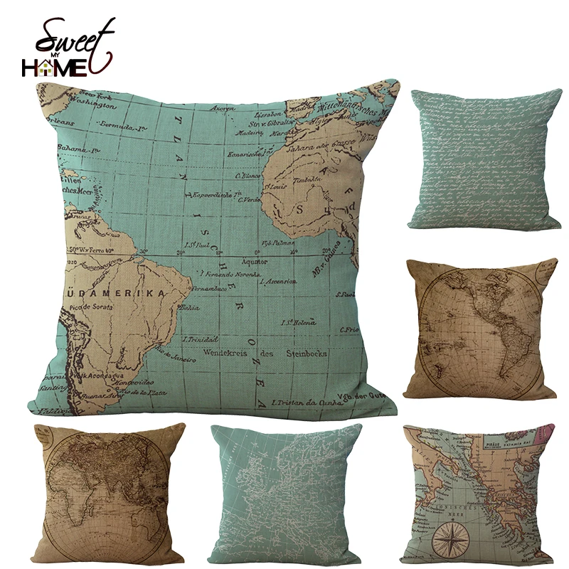 Vintage 18 Square world maps pillow Cotton linen cushion  Sofa throw pillows for retails