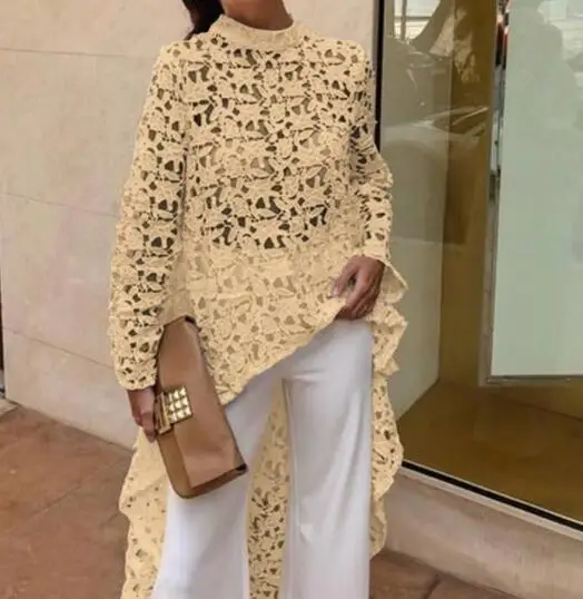2019 Autumn Women Fashion Elegant Casual Patchwork flounced Dip Hem Top Crochet Irregular Hollow Out See Through Blouse