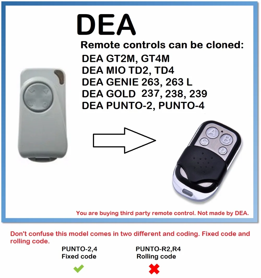 

DEA Garage Door/Gate Universal 4-Channel Remote Control Duplicator (only for 433.92mhz fixed code)