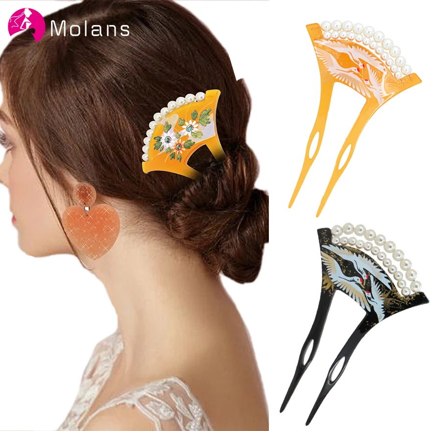 

Molans Classical Sector Design Acrylic Print Hairpin Chopsticks Hair Sticks Hair Clips for Women Girls Headwear Hair Accessories
