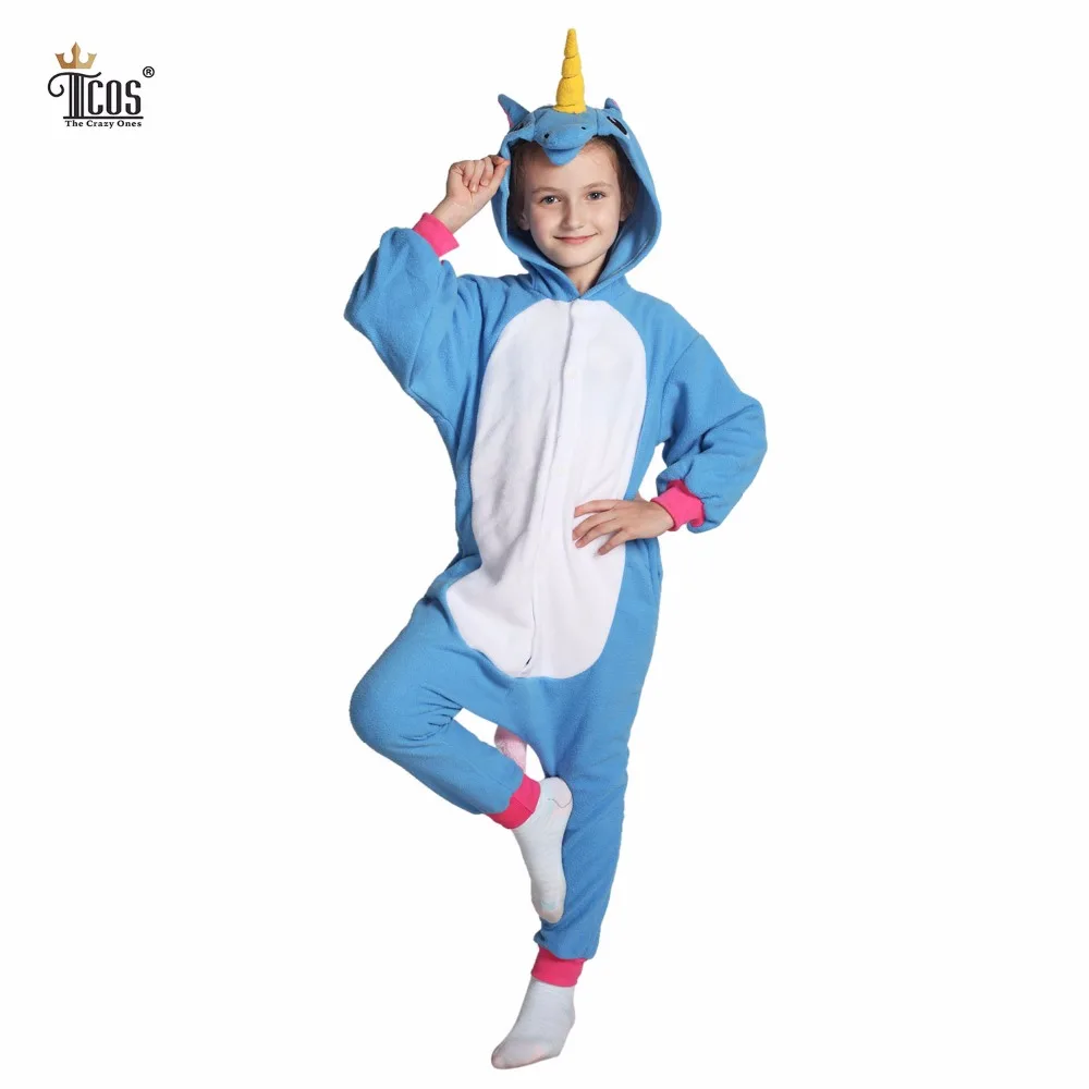 Синий Unicornio пижамы с капюшоном животных мультфильм полярный флис Onesie женщина костюм для детей мальчиков и девочек зима круглый