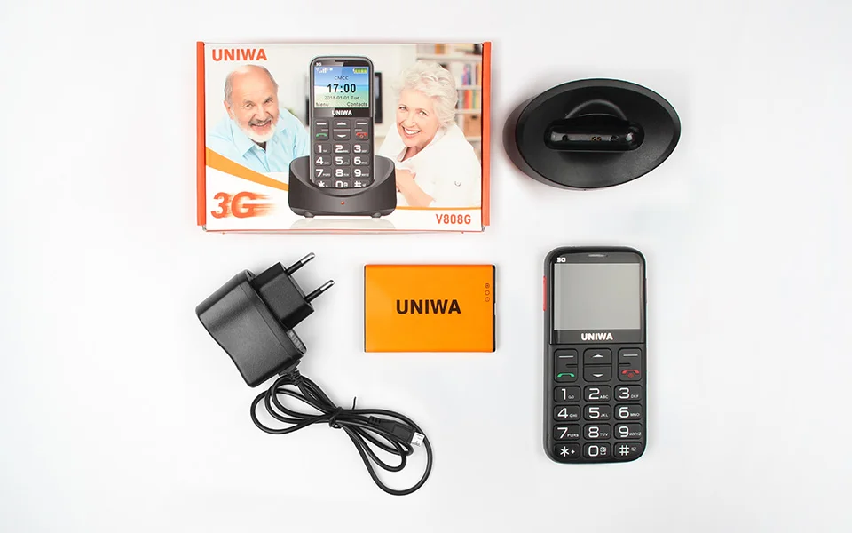 Uniwa V808G мобильного телефона 3G WCDMA кнопкой SOS 1400 мАч 2,31 "Экран старик фонарик сотовый телефон с фонариком