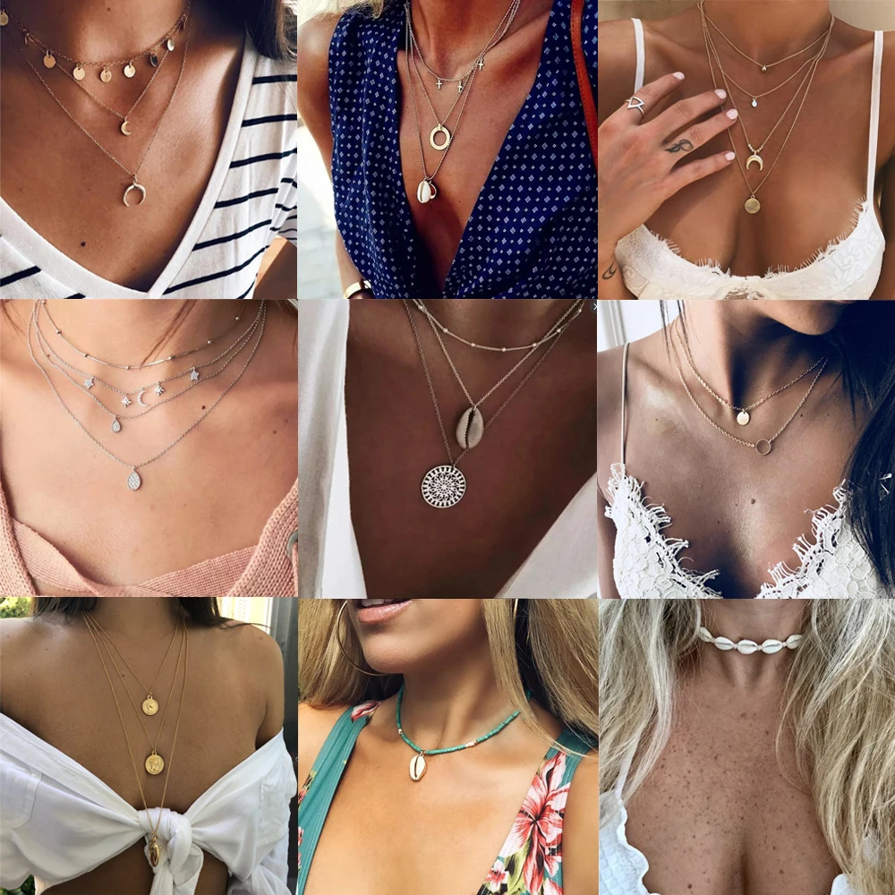 

Bohemian Cowrie Shell Necklace for Women Vintage Multi Layered Pendant Necklace Collar Kolye Collares Ocean Beach Shell Jewelry