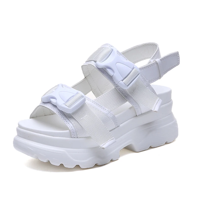 

8cm Platform Sandals Women Wedge High Heels Shoes Women Buckle Leather Canvas Summer Zapatos Mujer Slippers Woman Sandal