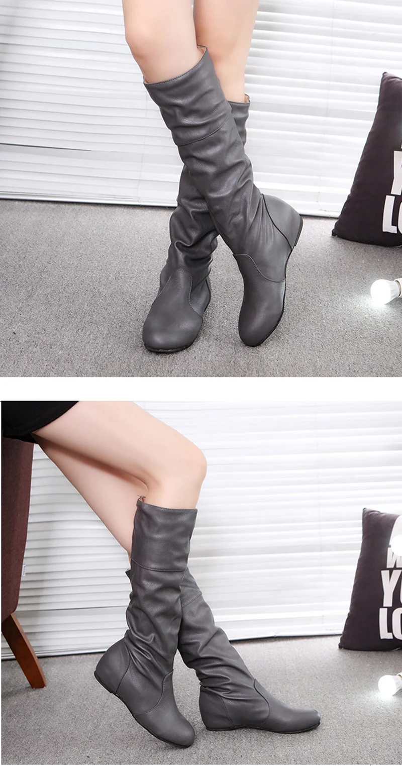 Женские ботинки; зимние теплые женские кожаные ботинки; однотонные высокие сапоги со складками; женская обувь на высоком каблуке; Botas Mujer; большие размеры